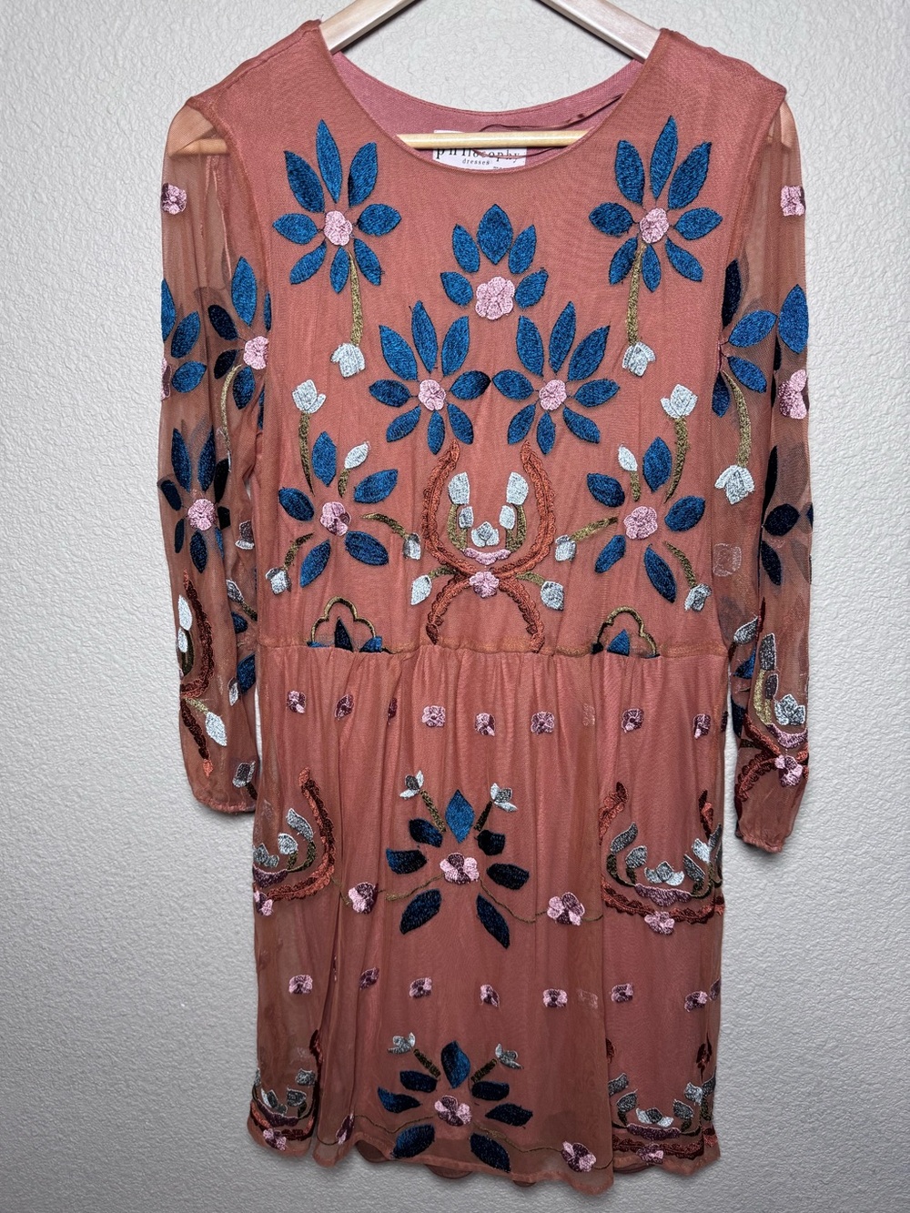 Philosophy by Republic Clothing Mesh Floral Embroidered Boho Dress Terracotta